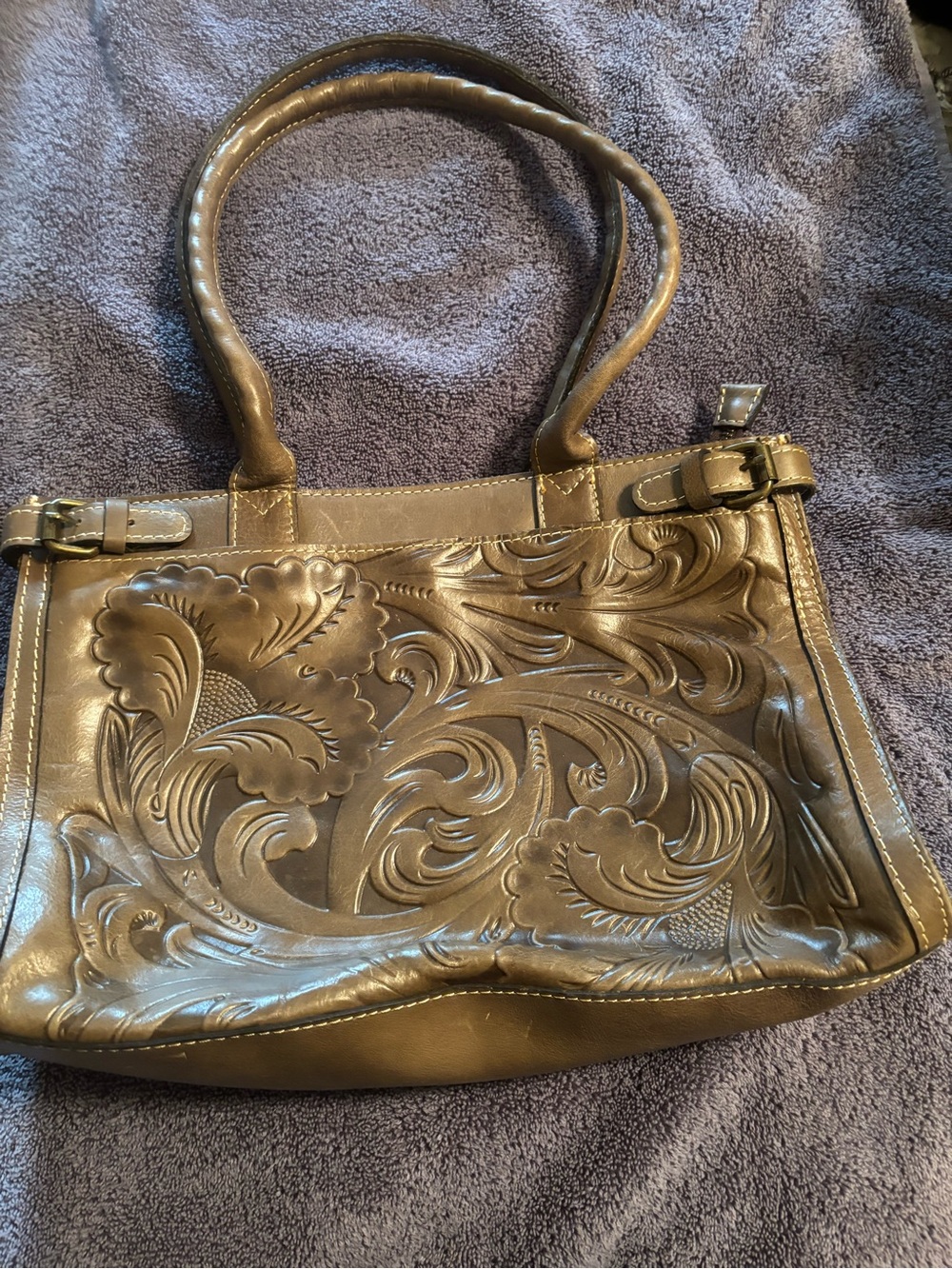 Patricia Nash Embossed Floral Leather Tote Bag in Olive